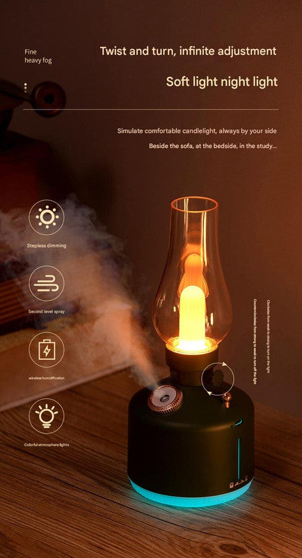 Black Retro Kerosene Lamp Humidifier - Rechargeable Cool Mist Maker with Dimmable Light