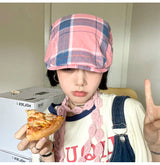 2-PCS Pink Lightweight Checkered Flat Cap - Adjustable Retro Driver Hat for Men & Women - Front View