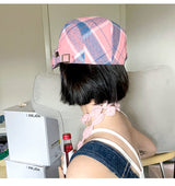 2-PCS Pink Lightweight Checkered Flat Cap - Adjustable Retro Driver Hat for Men & Women - Side View