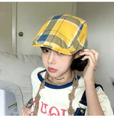 2-PCS Yellow Lightweight Checkered Flat Cap - Adjustable Retro Driver Hat for Men & Women - Side View