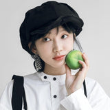Black Women's Vintage Style Baker Boy Cap - Soft Cotton Linen Blend