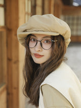 Beige Women's Vintage Style Baker Boy Cap - Soft Cotton Linen Blend - Side View