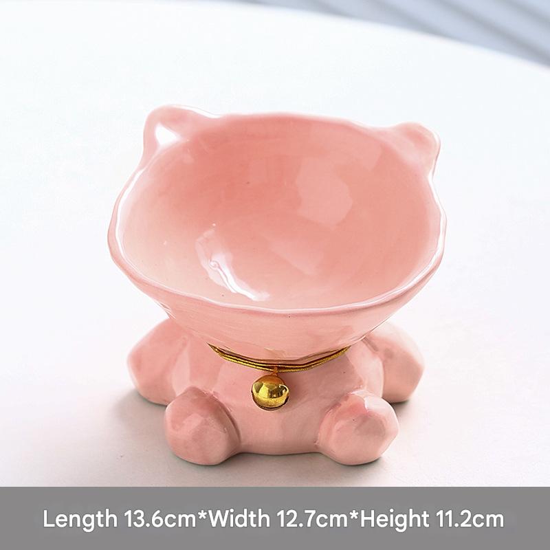 Pink Cute Ceramic Cat Bowl - Pet Feeder for Feeding and Drinking