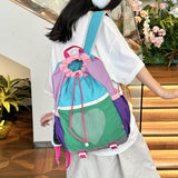 Green Colorblock Drawstring Backpack - Lightweight Nylon Bag with Heart Mesh Pocket - Front View