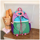 Green Colorblock Drawstring Backpack - Lightweight Nylon Bag with Heart Mesh Pocket - Side View