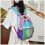 Green Colorblock Drawstring Backpack - Lightweight Nylon Bag with Heart Mesh Pocket - Top-Down View