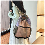 Pink Colorblock Drawstring Backpack - Lightweight Nylon Bag with Heart Mesh Pocket - Front View