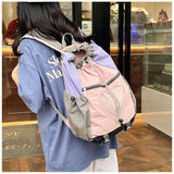 Pink Colorblock Drawstring Backpack - Lightweight Nylon Bag with Heart Mesh Pocket - Side View