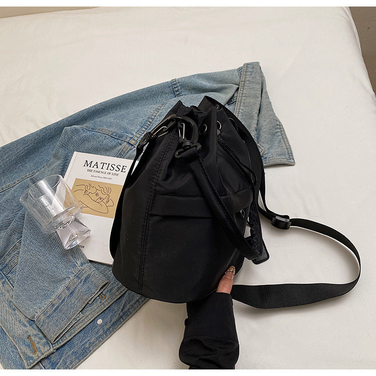Black Casual Nylon Drawstring Bucket Bag - Adjustable Strap Crossbody Purse