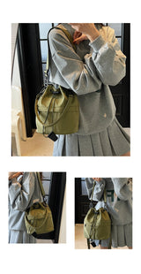 Army green Casual Nylon Drawstring Bucket Bag - Adjustable Strap Crossbody Purse - Front View