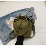 Army green Casual Nylon Drawstring Bucket Bag - Adjustable Strap Crossbody Purse - Side View