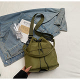 Army green Casual Nylon Drawstring Bucket Bag - Adjustable Strap Crossbody Purse - Top-Down View