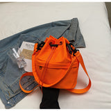 Orange Casual Nylon Drawstring Bucket Bag - Adjustable Strap Crossbody Purse - Front View