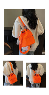 Orange Casual Nylon Drawstring Bucket Bag - Adjustable Strap Crossbody Purse - Side View