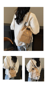 Khaki Casual Nylon Drawstring Bucket Bag - Adjustable Strap Crossbody Purse - Front View