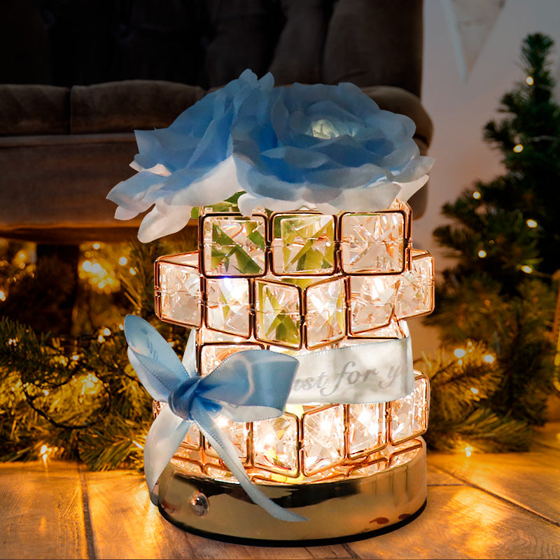 Blue Rose LED Crystal Flower Table Lamp - USB Rechargeable Touch Control Night Light