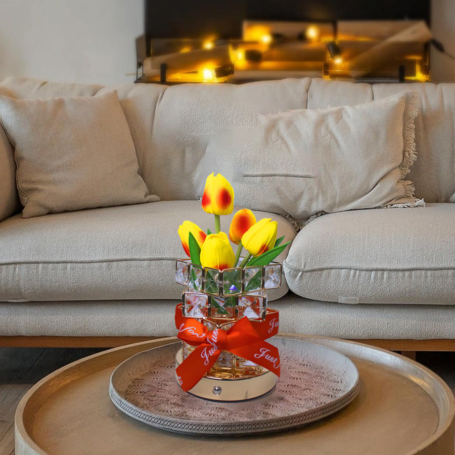 Orange Yellow Tulip LED Crystal Flower Table Lamp - USB Rechargeable Touch Night Light