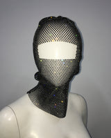 Black Glitter Rhinestone Face Balaclava - Trendy Music Festival Head Cover, 37cm - Close-Up Angle