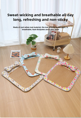 Size S Style 1 Pink And Brown Pet Cooling Mat for Dogs and Cats - Summer Breathable Woven Rattan Bed with Sponge Cushion, Durable and Chew-Resistant - Front View