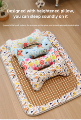 Size S Style 4 Blue And Brown Pet Cooling Mat for Dogs and Cats - Summer Breathable Woven Rattan Bed with Sponge Cushion, Durable and Chew-Resistant