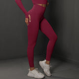 Size M Claret Red Seamless High-Waisted Yoga Pants for Women - Lift Workout Leggings for Running, Gym, and Fitness - Side View
