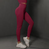Size S Claret Red Seamless High-Waisted Yoga Pants for Women - Lift Workout Leggings for Running, Gym, and Fitness - Top-Down View