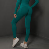 Size M Green Seamless High-Waisted Yoga Pants for Women - Lift Workout Leggings for Running, Gym, and Fitness - Top-Down View
