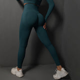 Size M Dark Green Seamless High-Waisted Yoga Pants for Women - Lift Workout Leggings for Running, Gym, and Fitness - Top-Down View