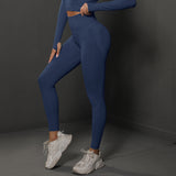 Size M Navy Blue Seamless High-Waisted Yoga Pants for Women - Lift Workout Leggings for Running, Gym, and Fitness - Side View