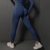 Size L Navy Blue Seamless High-Waisted Yoga Pants for Women - Lift Workout Leggings for Running, Gym, and Fitness - Top-Down View