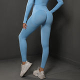 Size M Light Blue Seamless High-Waisted Yoga Pants for Women - Lift Workout Leggings for Running, Gym, and Fitness - Top-Down View