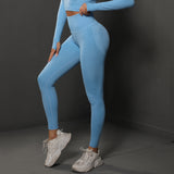 Size S Light Blue Seamless High-Waisted Yoga Pants for Women - Lift Workout Leggings for Running, Gym, and Fitness - Side View