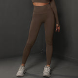 Size S Brown Seamless High-Waisted Yoga Pants for Women - Lift Workout Leggings for Running, Gym, and Fitness - Front View