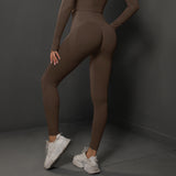Size L Brown Seamless High-Waisted Yoga Pants for Women - Lift Workout Leggings for Running, Gym, and Fitness - Top-Down View