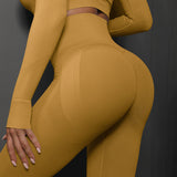 Size L Yellow Seamless High-Waisted Yoga Pants for Women - Lift Workout Leggings for Running, Gym, and Fitness - Side View