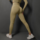 Size M Khaki Seamless High-Waisted Yoga Pants for Women - Lift Workout Leggings for Running, Gym, and Fitness - Side View