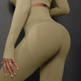 Size L Khaki Seamless High-Waisted Yoga Pants for Women - Lift Workout Leggings for Running, Gym, and Fitness - Top-Down View