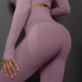 Size L Light Purple Seamless High-Waisted Yoga Pants for Women - Lift Workout Leggings for Running, Gym, and Fitness - Top-Down View