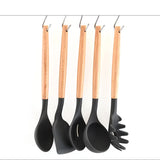 White And Brown 12-Piece Silicone Kitchen Utensil Set - Non-Stick Food-Grade Silicone Cooking Tools with Wooden Handles and Holder - 45-Degree Angle