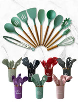 White And Brown 12-Piece Silicone Kitchen Utensil Set - Non-Stick Food-Grade Silicone Cooking Tools with Wooden Handles and Holder - Low Angle