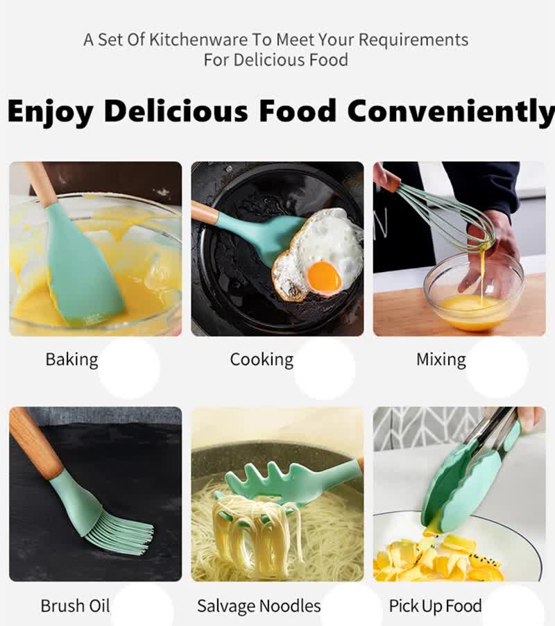 Dark Grey And Brown 12-Piece Silicone Kitchen Utensil Set - Non-Stick Food-Grade Silicone Cooking Tools with Wooden Handles and Holder