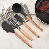 Light Grey And Brown 12-Piece Silicone Kitchen Utensil Set - Non-Stick Food-Grade Silicone Cooking Tools with Wooden Handles and Holder