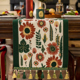 35x120cm Green Pastoral Table Runner - Spring Floral Oil Painting Style with Tassels - Front View