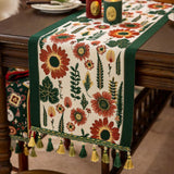 35x140cm Green Pastoral Table Runner - Spring Floral Oil Painting Style with Tassels