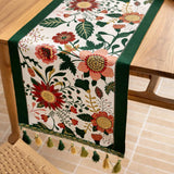 35x200cm Green Pastoral Table Runner - Spring Floral Oil Painting Style with Tassels - Top-Down View
