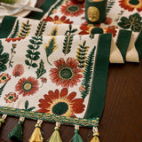 35x260cm Green Pastoral Table Runner - Spring Floral Oil Painting Style with Tassels - Side View
