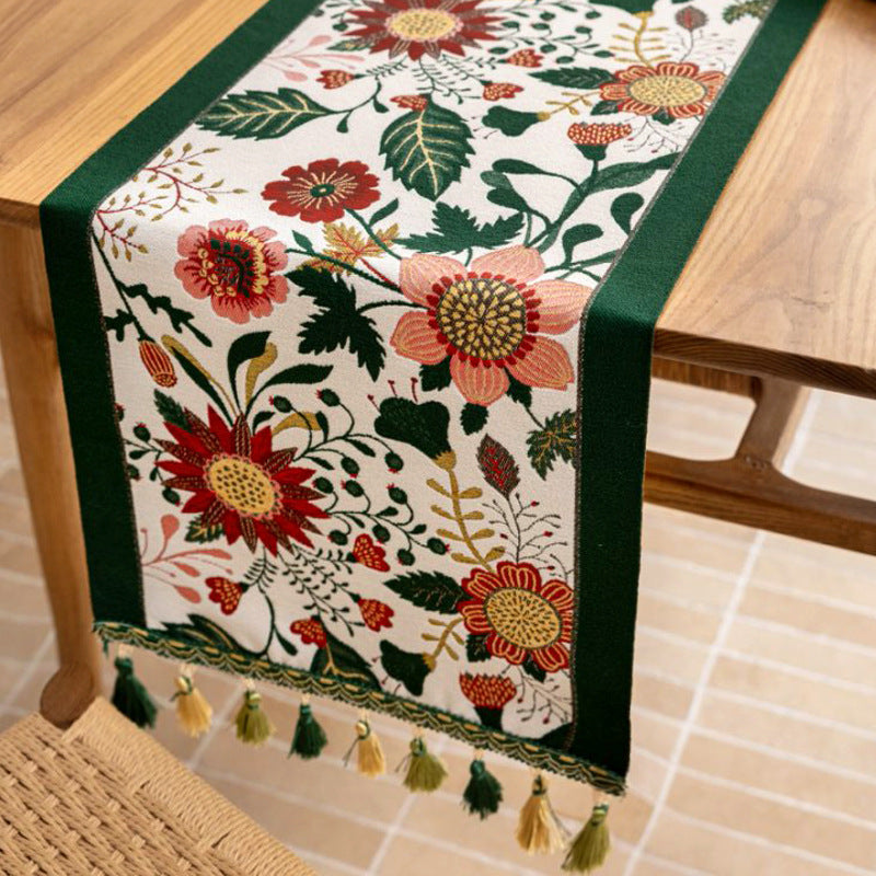 35x330cm Green Pastoral Table Runner - Spring Floral Oil Painting Style with Tassels