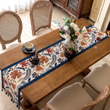 35x220cm Blue Pastoral Table Runner - Spring Floral Oil Painting Style with Tassels - Side View