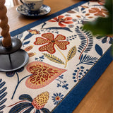 35x220cm Blue Pastoral Table Runner - Spring Floral Oil Painting Style with Tassels - 45-Degree Angle