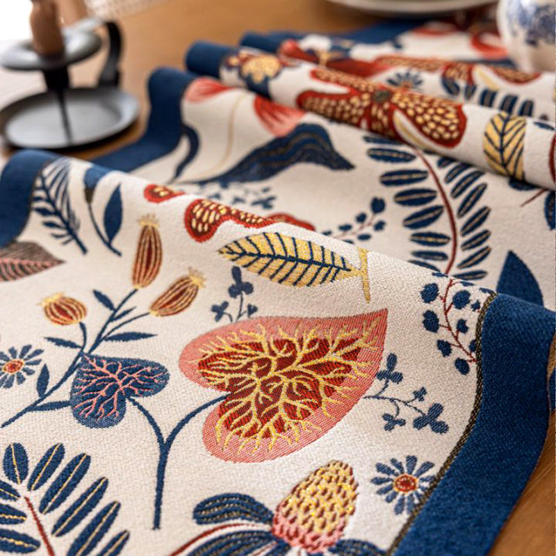 35x260cm Blue Pastoral Table Runner - Spring Floral Oil Painting Style with Tassels